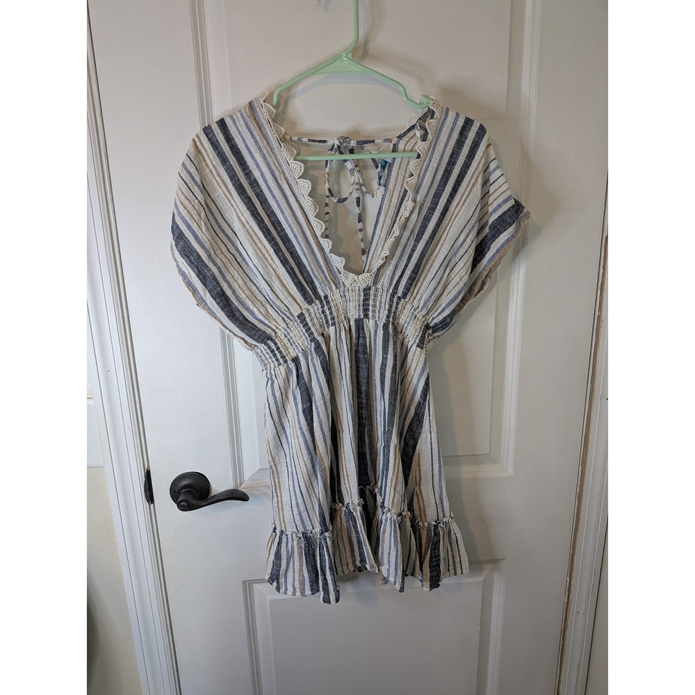Blue Island Navy Khaki Cotton Boho Mini Dress‎ Smocked Waist Small 5942-330